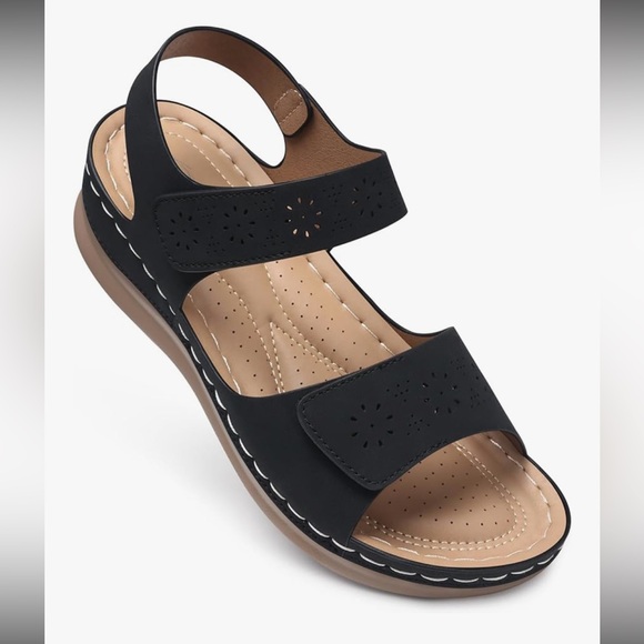 Comfortable Flats Sandals Black adjustable - Picture 1 of 11